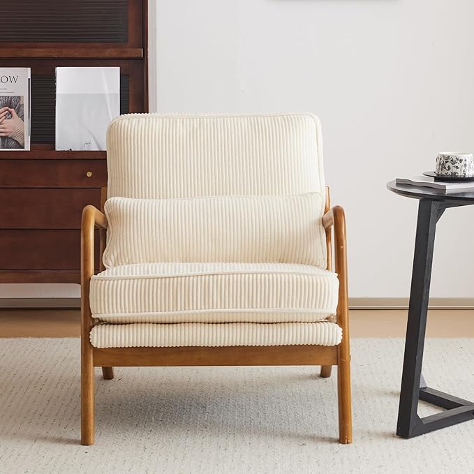 Karl home Mid-Century Modern Accent Chair Living Room Chairs with Pillow Corduroy Upholstered Lounge Armchair with Solid Wood Frame &amp Soft Cushion for Bedroom Reading Room Beige