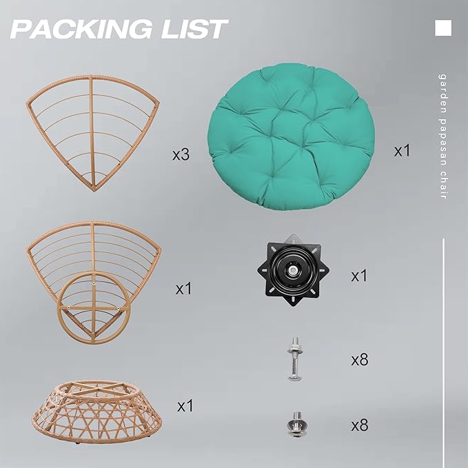 38'' 360 Degree Swivel Wicker Papasan Chair with Cushion and Base - Thickened Rattan Swivel Papasan Chair with Soft Cushion and Durable Frame Oversized Reading Chair for Living Room Teal