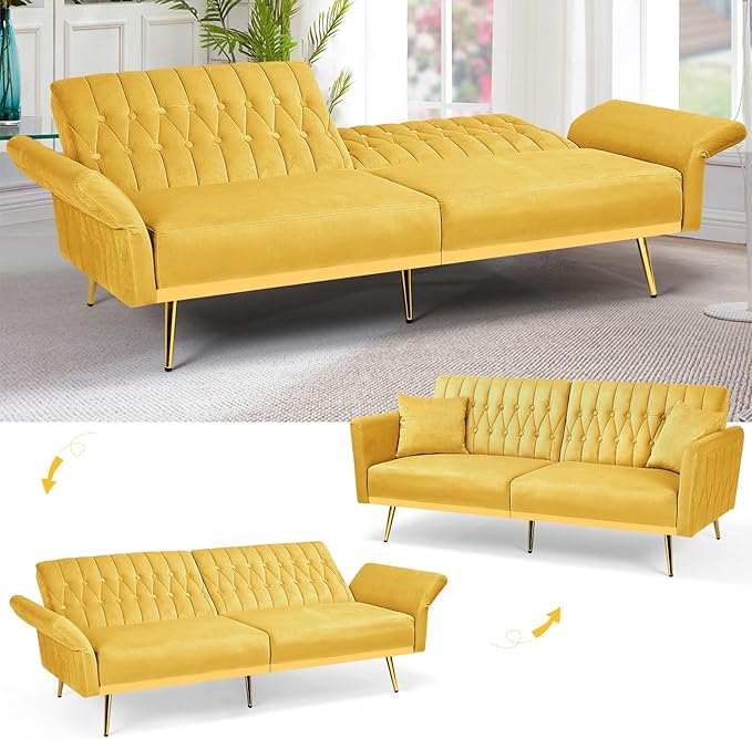2 Pieces Velvet Sofa Set with Adjustable Armrest and Backrest 70” Convertible Futon Sofa Bed &amp Mordern Accent Chair with Ottoman for Living Room Bedroom Yellow
