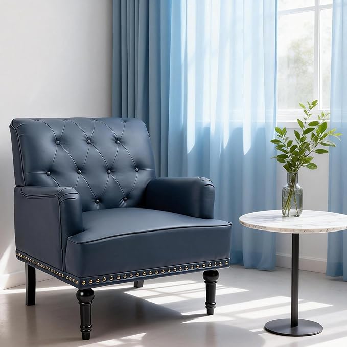 MOJAY PU Leather Accent Chair Mid-Century Armchair Living Room Sofa Chair with Rubber Wood Leg Club Chair with Rivet Trim for Bedroom Reading Room Reception (DarkBlue)