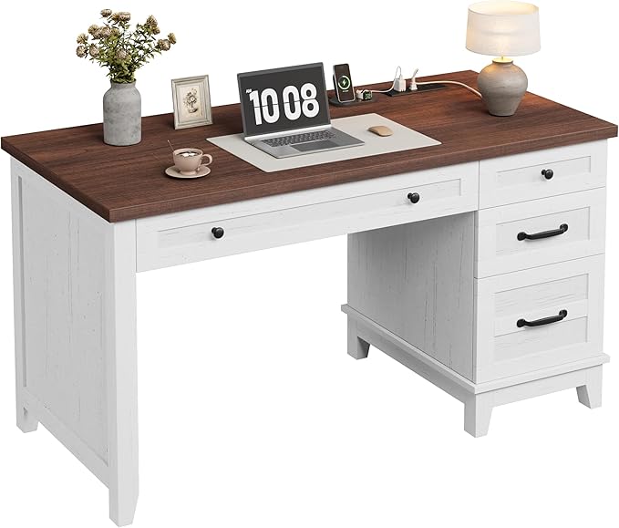 IDEALHOUSE Rustic Wood Double Desk with Built-in Charging Station &amp 4 File Drawers Spacious 2-Person Writing Table for Home Office Heavy-Duty Dual Workstation for Study &amp Work White and Bro