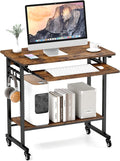 LDAILY Moccha Rolling Computer Desk Mobile Computer Desk with Keyboard Tray Portable Laptop PC Desk Open PC Stand 3 Earphone Hooks Wooden Computer Cart for Office Home