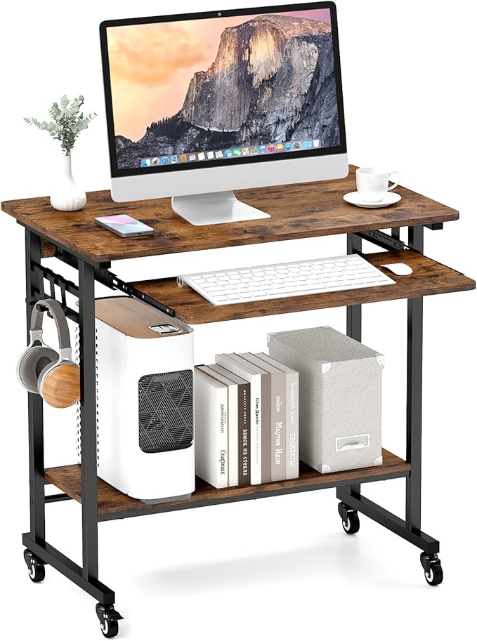 LDAILY Moccha Rolling Computer Desk Mobile Computer Desk with Keyboard Tray Portable Laptop PC Desk Open PC Stand 3 Earphone Hooks Wooden Computer Cart for Office Home