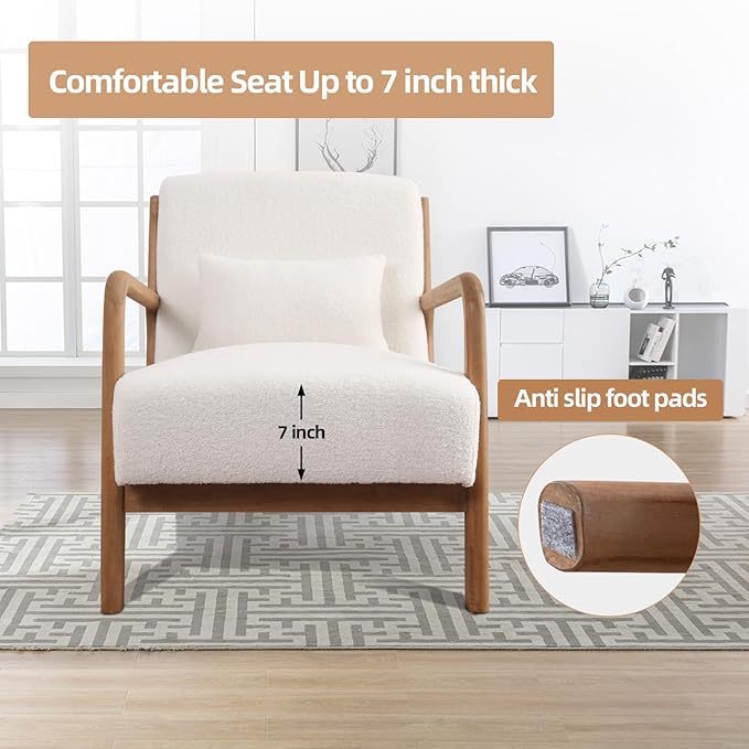 INZOY Mid Century Modern Accent Chair with Lamb Wool Fabric Upholstered Living Room Chairs with Waist Cushion Reading Armchair for Bedroom Sunroom White