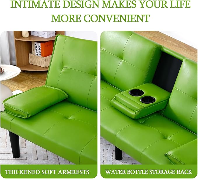 Convertible Sleeper Sofa Bed Modern Leather Futon Couch Bed Twin Size 67'' Recliner Reversible Loveseat Folding Couches Guest Bed for Small Spaces Living Room Office Dorm RV 2 Cupholders (Green)