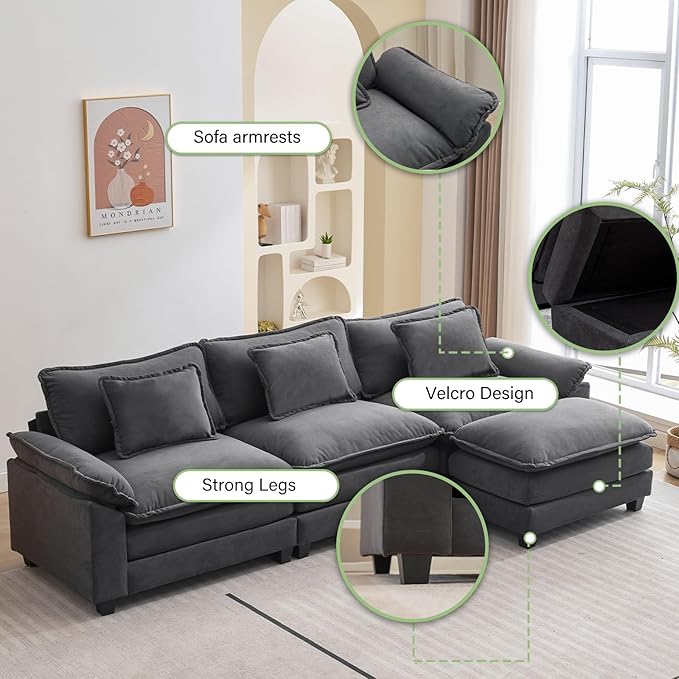 L Shape Sofa Comfy Sectional Cloud Couch for Living Room with Pillows Modern Velvet Sofa Sleeper Deep Couches with Ottoman (Grey 4-Seat)