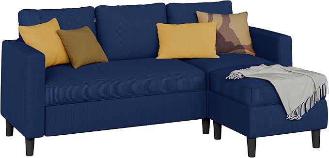 Shintenchi Small Sectional Sofa CouchesL Shape Convertible Sofa with Ottoman3 Seat Comfy Corduroy Upholstered Sofa CouchSmall Couch for ApartmentLiving Room and Office(Blue)