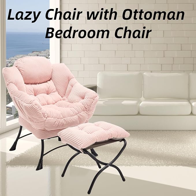 Modern Lazy Chair with Ergonomic Ottoman Comfortable Lounge Chair with Footrest for Space Saving Comfy Reading Armchair for Living Room Bedroom Office Pink