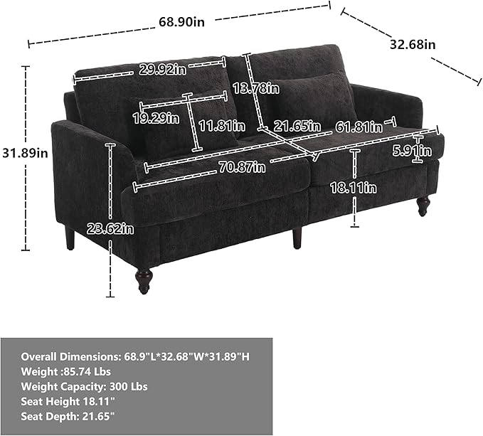 Mid Century Modern Chenille Loveseat Sofa 2-Seat Upholstered Cozy Loveseat Sofa with Pillows for Living Room Comfy Side Reading Lounge Couch for Bedroom Club Office Apartment Black