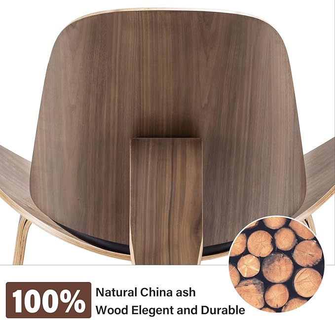 Mid Century Modern Shell Lounge Chair PU Leather Tripod Plywood Classic Design Solid Wood Accent Chairs for Living Room Reading Lounge Office Salon(Walnut)