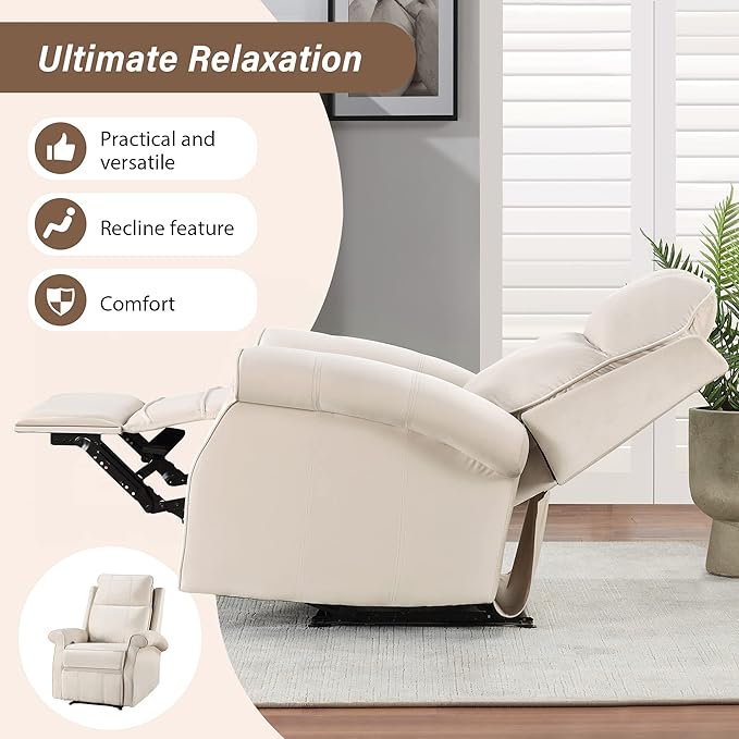 Oversize Modern Upholstered Lounge Single Sofa Manul Recliner Chair with Soft Durable Fabric and Overstuffed Armrests with Tall Neck Support for Living Room Beige