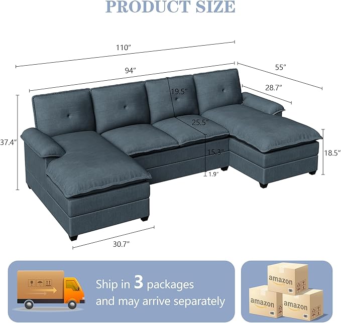 U Shaped Sectional Couches for Living Room110 Modern Big Sofa Couch with Double Chaise4 Seat Modular Sofa Couches with Thick Cushion &amp Soft BackrestBlue-Gray
