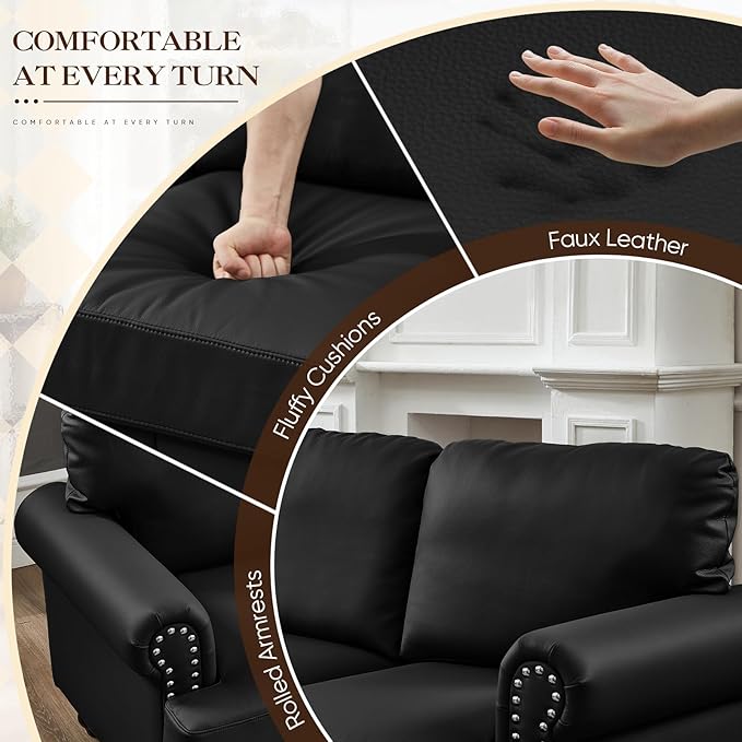 Couch and Loveseat Set Mid Century Chesterfield Faux Leather Vintage Retro Classic 3 Seater Loveseat Sofa Couch with Storage Nailhead Trim &amp Rolled Armrests for Living Room Bedroom Office Black