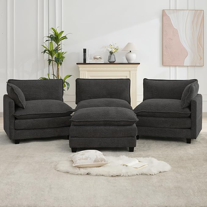 ROWHY Oversized Modular Sectional Couch with Movable Ottoman 112 Modern Convertible L Shaped Sofa Set 4 Seat Comfy Cloud Couch with 2 Throw Pillows for Living Room Chenille Charcoal Grey