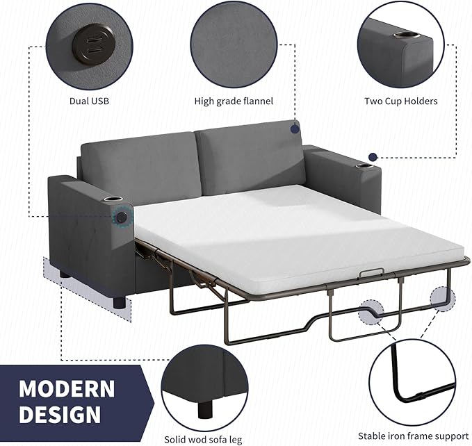 80'' Pull Out Sofa Bed 2 in 1 Sleeper Sofa with Cup Holder &amp USB Charging Ports Queen Size Guest Bed with Memory Foam Mattress Convertible Couch for Small Spaces - Dark Grey