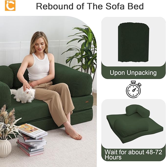 COMAX 4‑in‑1 Futon Sofa Bed Queen – Floor Foldable Convertible Sofa Couch with L‑Shaped Armrests Removable Cover Green Convertible Guest Bed | Space‑Saving Fold‑Out Mattress Lounge for Living Room