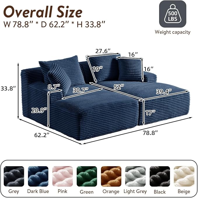 Oversized Double Chaise Lounge Chair IndoorWide Corduroy Boneless Chaise Lounges SofaComfy Upholstered Cloud CouchNo Assembly Required Loveseat Sleeper Chair Bed for Living Room(Dark Blue)