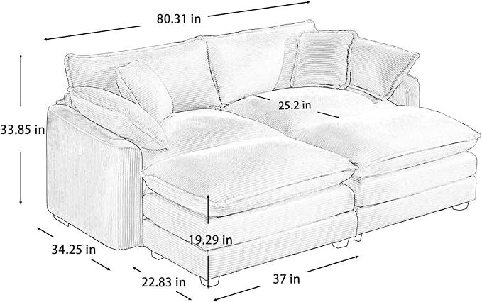 80 Sectional Loveseat Couch with Ottoman Corduroy Cloud 2 Seater Couches Modern Comfy Deep Seat Sofa for Liiving Room Small Spaces &amp Apartment (Tan A + Ottoman 2-Seats)
