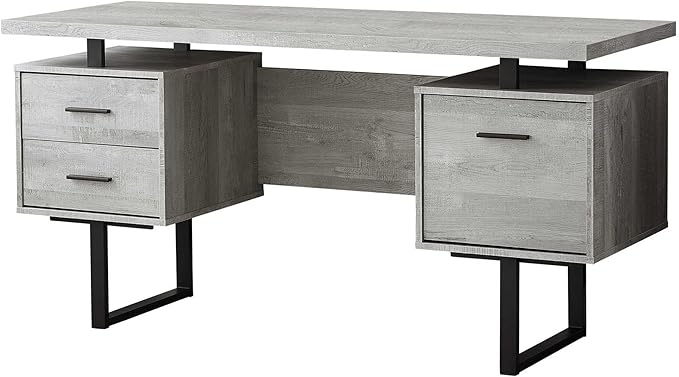 BOWERY HILL Computer Desk 60 in Gray Reclaimed Wood-Look Finish 3 Storage Drawers Thick Floating Panel Desktop Black Metal U-Shaped Legs Reversible Design Home Office Laptop Writing Desk
