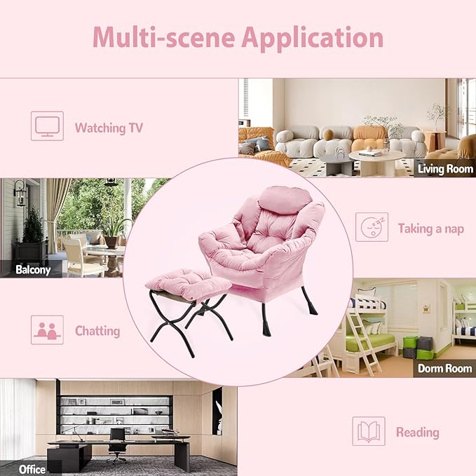 Lazy Chair with Folding Ottoman Accent Chair Velvet Upholstered with Metal Structure and Non-Slip Pads Sofa Armchair with Footrest and Side Storage Bag for Dorm Room Office Pink