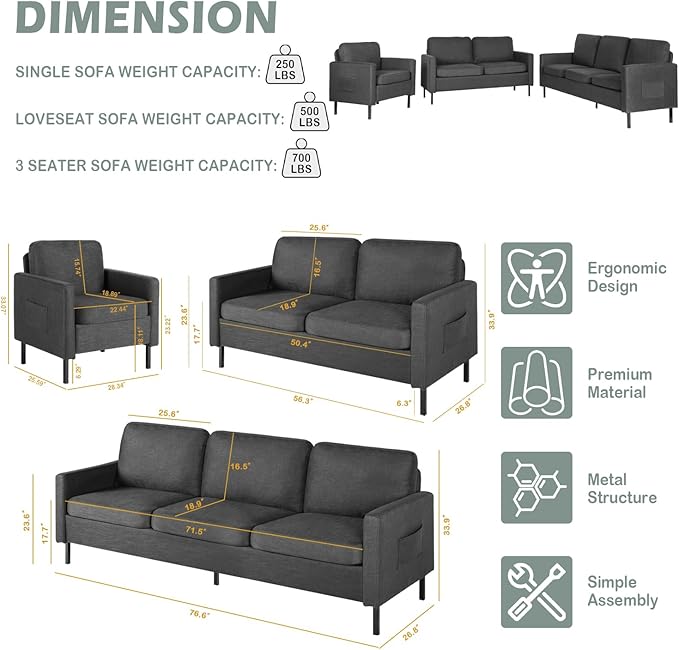 STHOUYN Modern 3-Piece Living Room Set 72 Grey 3 Seater Couch and 56 Loveseat with USB Ports Small Couch and Chair Set for Small Space Apartment Office (Grey 1 Chair + 1 Loveseat + 1 Couch)