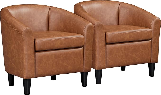 Topeakmart Leather Accent Chair PU Leather Modern Barrel Chair Club Armchair with Soft Padded for Living Room Bedroom Brown Set of 2