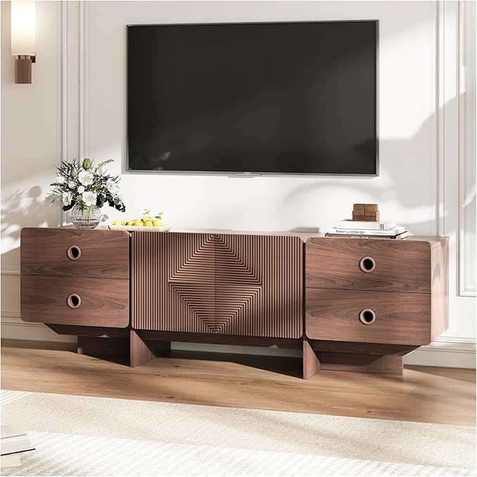 66 Fluted TV Stands for Living Room Mid Century Modern TV Consoles for 75 inch TV Entertainment Center with Storage Media Console with Adjustment Shelf(Walnut)