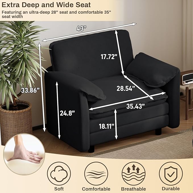43 Oversized Chenille Single Sofa Chair Deep Seat Chaise Lounge Chair Upholstered Armchair Modern Accent Chairs for Living Room Bedroom Office Apartment Black