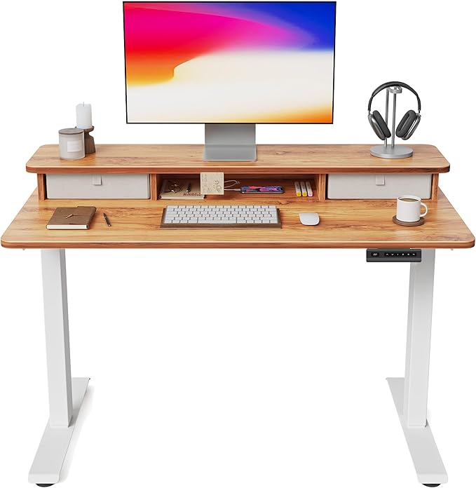 FEZIBO 40 x 24 Inch Height Adjustable Electric Standing Desk with Double Drawer Stand Up Desk with Storage Shelf Sit Stand Desk Light Rustic