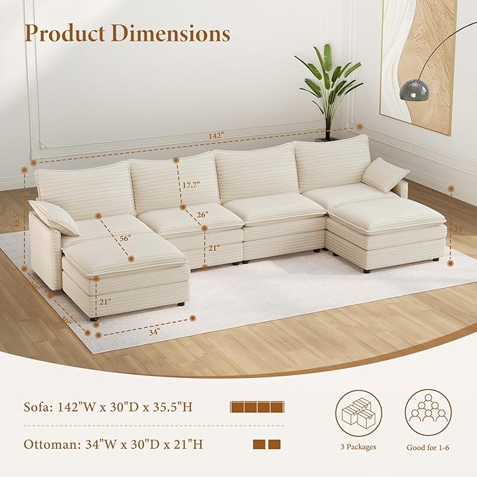 Vesgantti 142 U Shaped Sectional Couch Comfy Cloud Modular Sectional Sofa with 2 Ottoman Deep Seat Corduroy Modern Cloud Sofa Modular Sofas for Living Room Bedroom and Apartment Beige