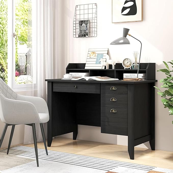 GOFLAME 48” Computer Desk with Hutch Vintage Home Office Desk with Storage Drawers &amp Shelves Space Saving Laptop PC Table Wooden Study Writing Workstation Black