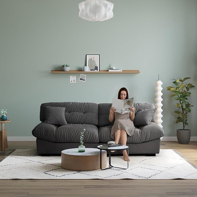JACH 89 Oversized Deep Sectional Couch Minimalist Love Seat Couches Sectional Sofas with Thick Cushion Comfy Corduroy Sofa with Two Pillows for Living Room Apartment Office Grey