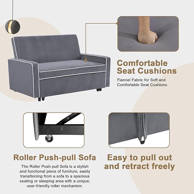 3-in-1 Convertible Sofa Sleeper Bed 2-Seat Loveseat Lounge with Adjustable Backrest Flannel Pull Out Fabric Couch Chaise Perfect for Home RV Apartment Office Living Room Grey