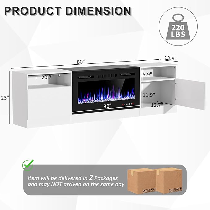 AHB Fireplace TV Stand 80 Inch LED Light Entertainment Center with 36 Electric Fireplace and Storage Cabinet Media Console Table for TVs Up to 90 Inches Ideal for Living Room