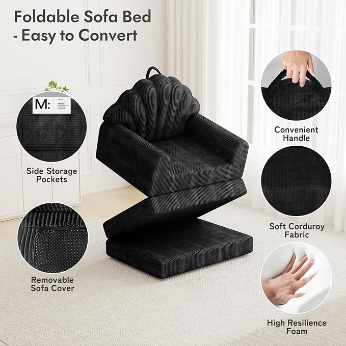2-in-1 Folding Sofa Bed with Back Support 75 D x 34 W Convertible Futon Sleeper Chair for Adult Fold Out Bean Bag Floor Foam Lounger Couch for Living Room Bedroom Small Space Black