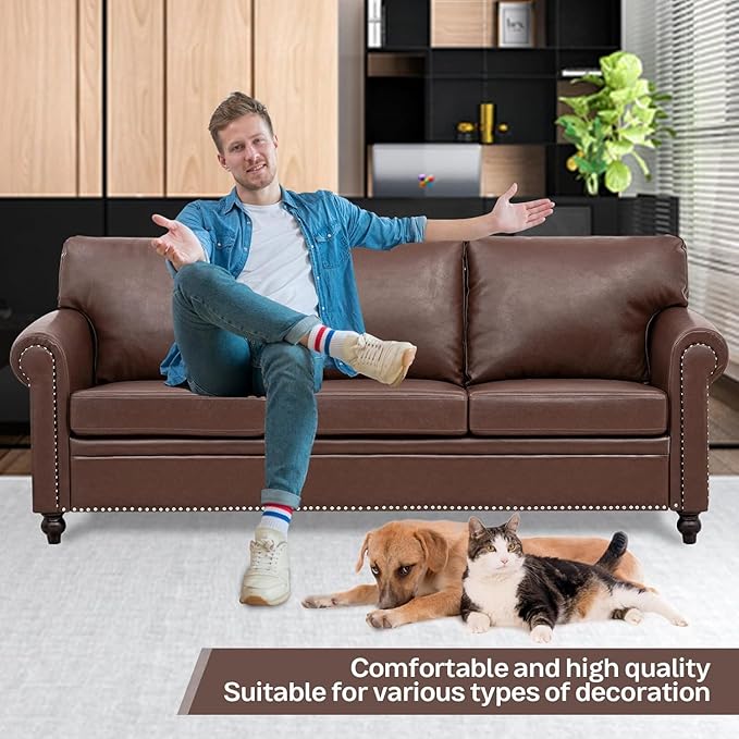 Brown Faux Leather Couch Comfy Classic 3 Seater Living Room SofaMid-Century Modern Sofa with Detachable Cushions 84 for Living Rooms Bedrooms OfficesApartments Tool-Free Assembly(Brown)