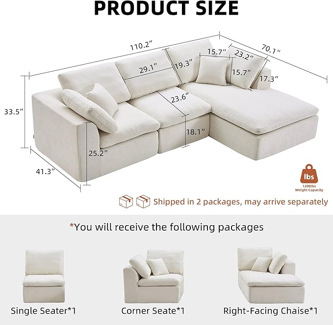 Boneless Sectional with Chaise 110 L-Shaped Cloud Couch for Living Room Deep Seat Chenille Floor Sofa Frameless Modular Lounge Set (Beige Right Facing Chaise)