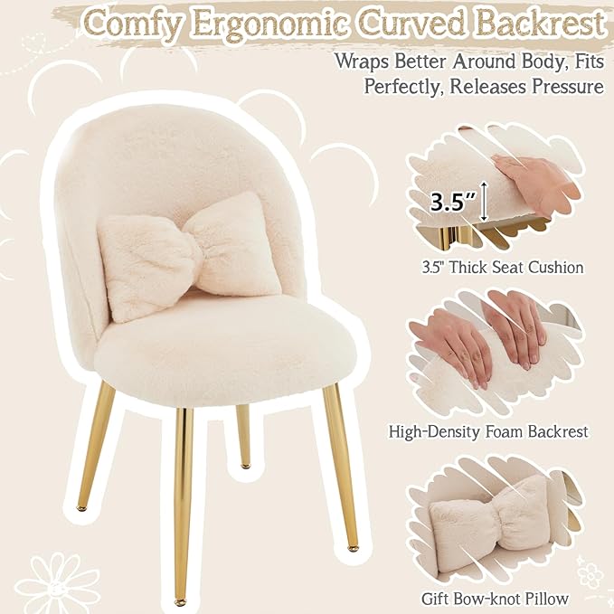 VINGLI Boucle Girls Vanity Chair with Back &amp PillowCute Small Cozy Desk Chair No WheelsComfy Makeup Ch with Ajustable Gold Legsfor BedroomLiving RoomSmall SpaceKhaki