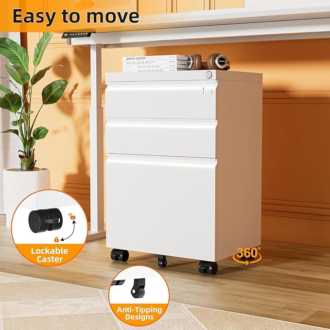 3 Drawer Mobile File Cabinet Metal Rolling Filing Cabinet with Lock for Home Office Under Desk Small Cabinet with Wheels Fit Legal/Letter/A4 (White)