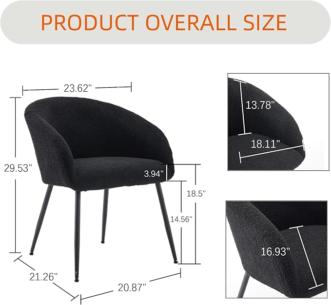 Modern Small Accent Chair Comfy Sherpa Makeup Vanity Chair with Metal Legs Decorative Chair no Wheels for Living Room Dressing Room Bedroom Black