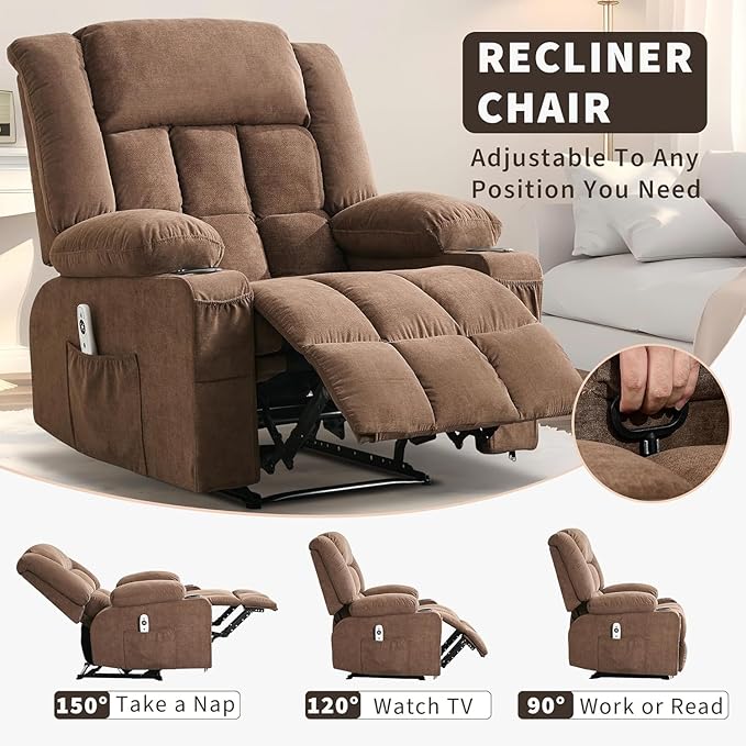 TrailBlaze Massage Heat Recliner Chair Lounge Chair with Extra Large Footrest High Back Comfortable Deep Seat Rocker Chairs for Adults Side Pockets &amp Cup Holder Living Room Single Sofa Brown