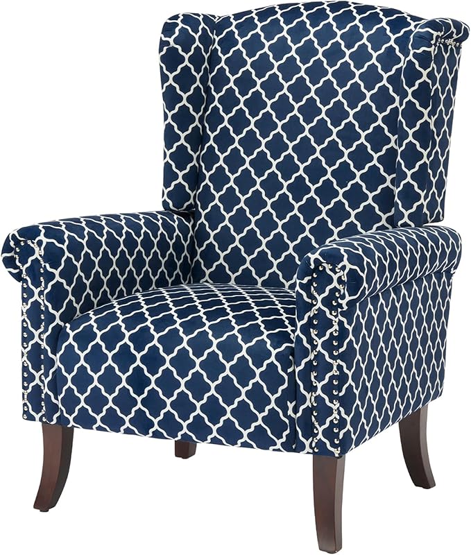 Modern Plaid Accent Chair Mid-Century Upholstered Wingback Armchair Club Sofa Chair with Wooden Legs Living Room Chair for Bedroom Balcony Lounge (Blue Check)