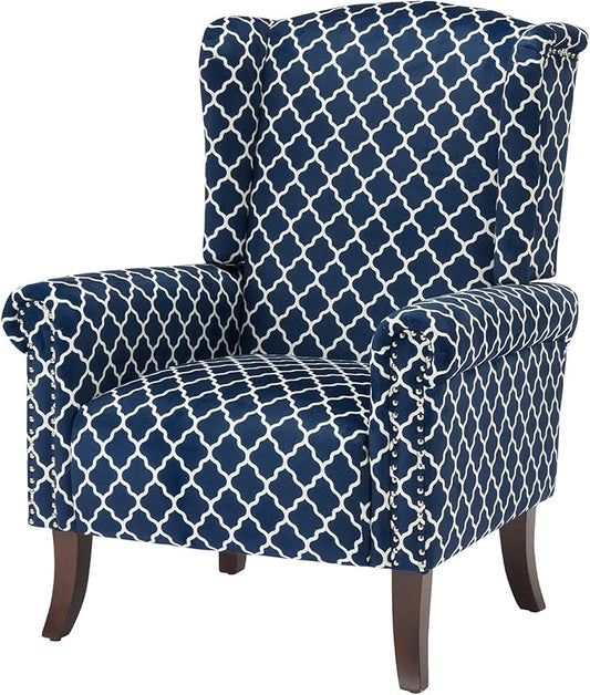 Modern Plaid Accent Chair Mid-Century Upholstered Wingback Armchair Club Sofa Chair with Wooden Legs Living Room Chair for Bedroom Balcony Lounge (Blue Check)