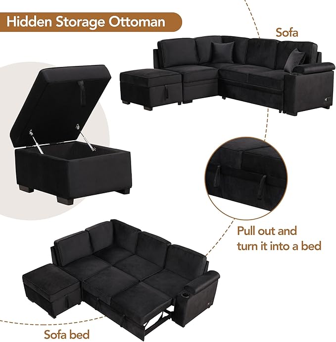 Linen L-shape Reversible Sleeper Sectional Sofa Couch with Storage Ottoman 2 in 1 Pull Out Convertible Sofa Bed with Cup Holders and USB Charging Port for Living Room Apartment Office (Black-LI)