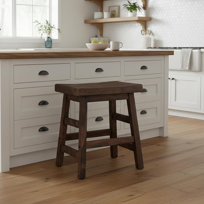 Alaterre Furniture Pomona 20-Inch Counter Height Saddle Seat Barstool – Solid Wood Backless Rustic Farmhouse Stool in Natural Finish for Kitchen Island or Dining Room (Natural)