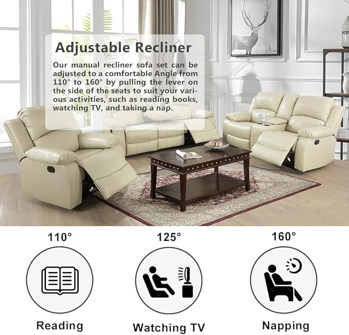 2 Seater Recliner Loveseat Manual Recliner Vegan Leather Reclining Sofa with Cup Holders &amp Middle Storage Console for Home Theater/Office/RV (Beige Loveseat)