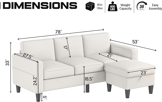 ZeeFu Couch for Living Room - 78'' Beige Linen 3 Seat L-Shaped Sectional Sofa Couches with Storage Ottoman - Modern Small Space Upholstered Furniture Sofa Set for Office Small Space Apartment