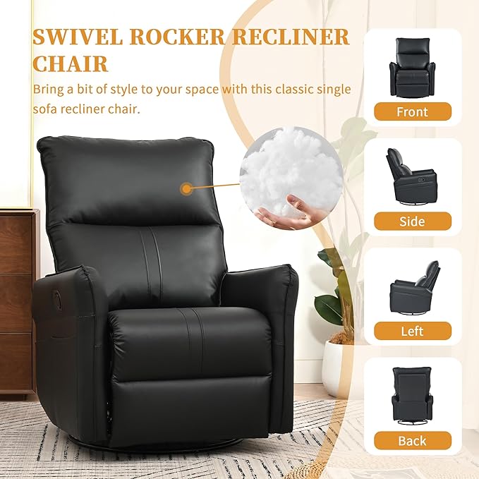 Swivel Rocker Recliner Chair Upholstered 360° Fabric Leather Glider Rocker Chair for Nursery Manual Small Recliners for Small Spaces Living Room Weight Capacity 300lbs