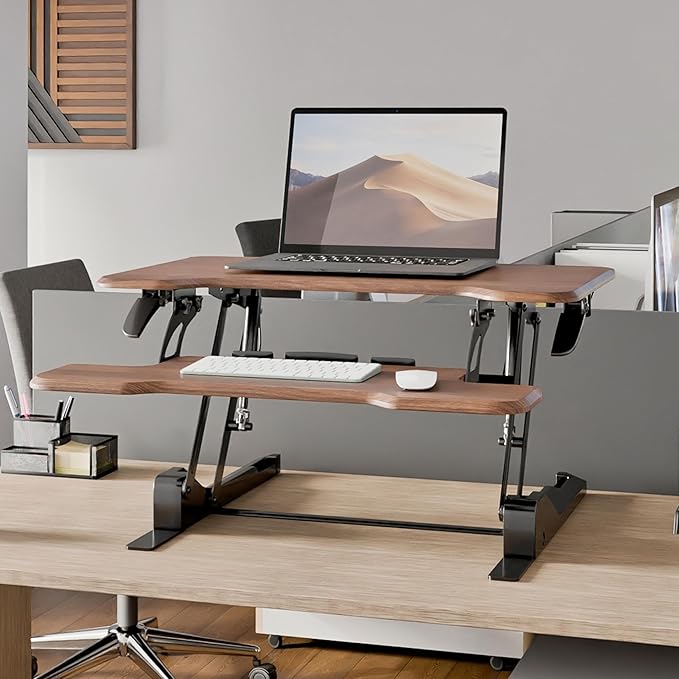 Mount-It! Height Adjustable Standing Desk Converter Compact 30” Wide Tabletop Standing Desk Riser with Gas Spring Desktop Stand Up Workstation with Keyboard Tray Fits Monitor or Laptop Dark Walnut