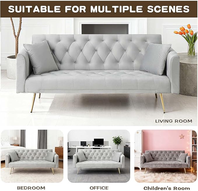 71Convertible Futon Sofa Bed - Modern Velvet Sleeper Couch with Adjustable Backrest Tufted Recliner with Golden Chrome Legs &amp 2 Pillows Perfect for Small Spaces Living Room &amp Apartment (Gr